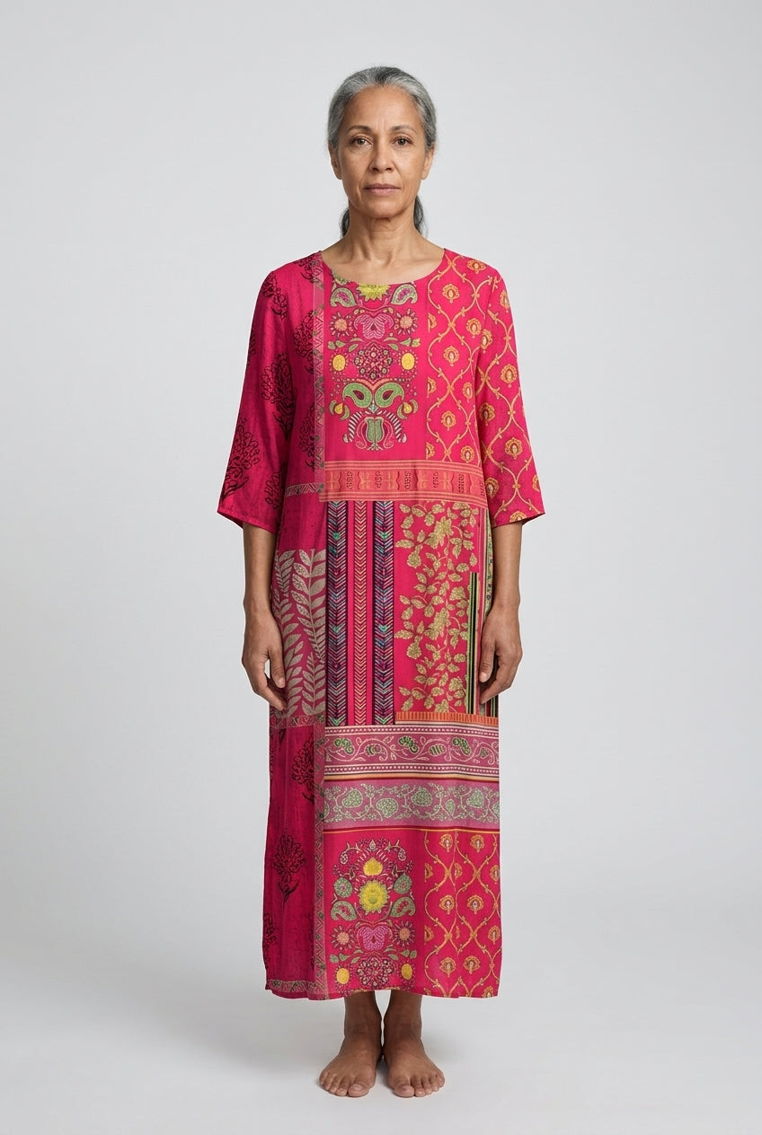 Vintage Round Neck Dress for Women, Boho Flowy Lightweight with Artistic Patterns, for Beach, Travel, Casual & Everyday 