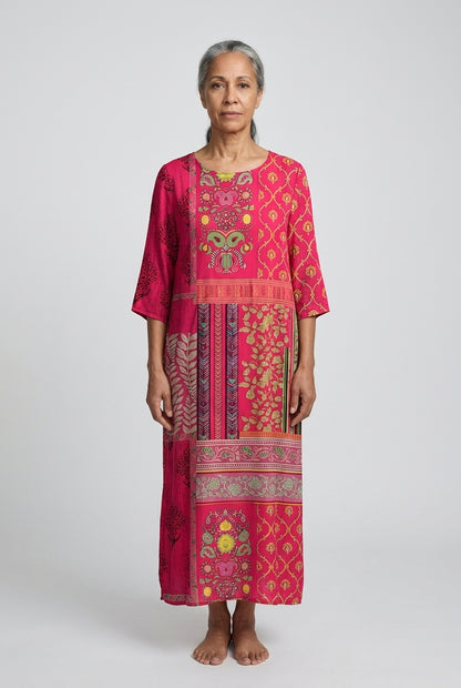 Vintage Round Neck Dress for Women, Boho Flowy Lightweight with Artistic Patterns, for Beach, Travel, Casual & Everyday 