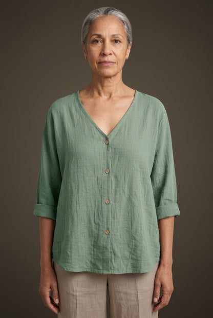 Casual Relaxed Button-Up Blouse for Women, V-Neck Roll Sleeve, for Everyday, Brunch, Weekend & Casual Wear