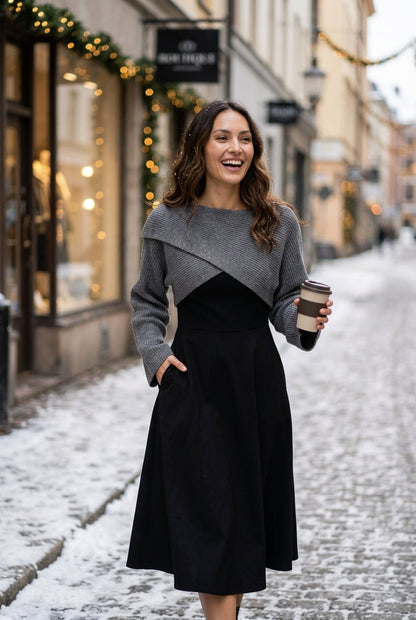 Versatile 2-in-1 Knit Dress Set for Women, A-Line Dress with Cropped Sweater Layer, for Work, Casual, Date Night & Every
