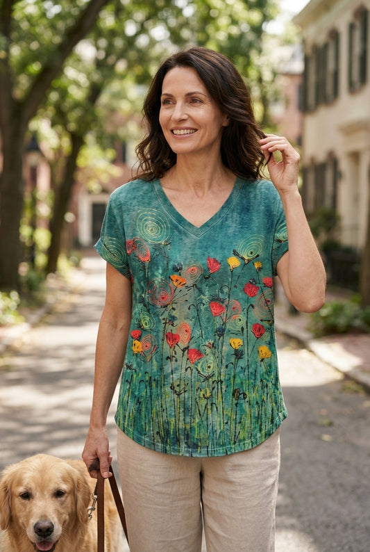Vintage Floral Print V-Neck T-Shirt for Women, Short Sleeve Cotton-Polyester Blend, for Summer, Casual & Everyday Wear