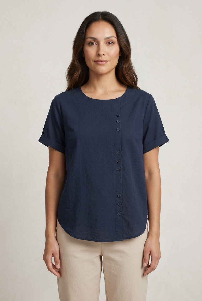 Casual Short Sleeve Cotton Blouse for Women, Loose Fit Round Neck with Side Buttons, for Summer, Everyday Wear & Vacatio