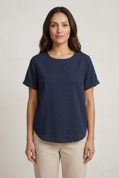Casual Short Sleeve Cotton Blouse for Women, Loose Fit Round Neck with Side Buttons, for Summer, Everyday Wear & Vacatio