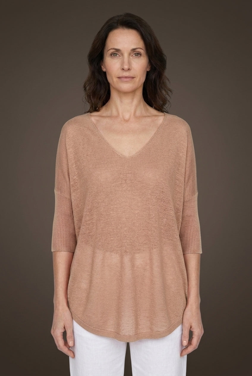 Casual V-Neck 3/4 Sleeve Relaxed Knit Top for Women, Polyester Breathable Plain, for Summer, Everyday & Layering