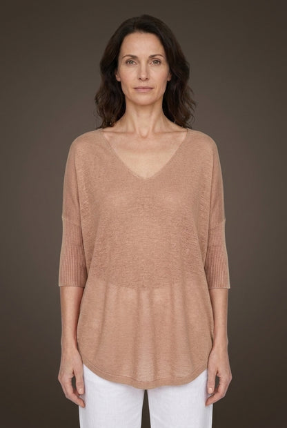 Casual V-Neck 3/4 Sleeve Relaxed Knit Top for Women, Polyester Breathable Plain, for Summer, Everyday & Layering