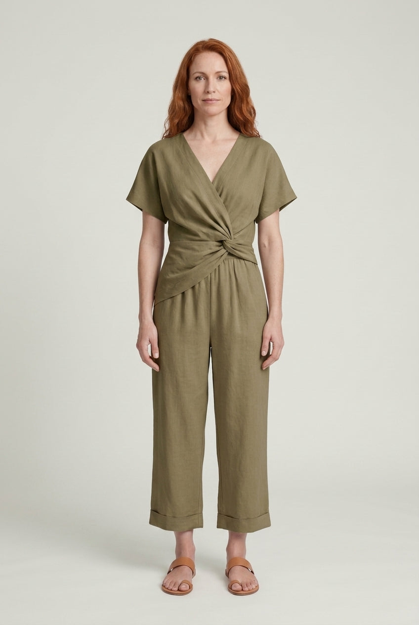 Elegant Two-Piece Set for Women, Wrap-Front Top Cropped Trousers Lightweight Breathable, for Summer, Vacation, Casual & 