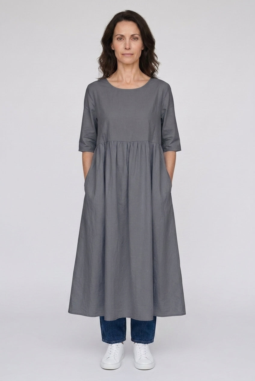 Classic Mid Sleeve Dress for Women, Cotton Relaxed Fit Round Neckline with Pockets, for Spring, Summer & Everyday Wear