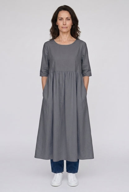 Classic Mid Sleeve Dress for Women, Cotton Relaxed Fit Round Neckline with Pockets, for Spring, Summer & Everyday Wear