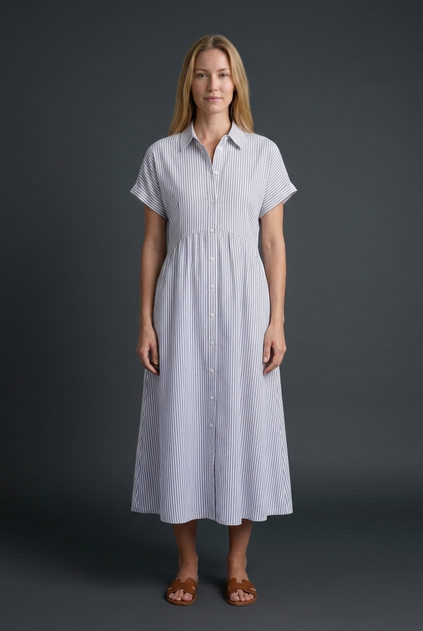 Elegant Cotton Maxi Dress for Women, Short-Sleeve Shirt Collar Button-Front Fitted Waist, for Summer, Vacation, Brunch &