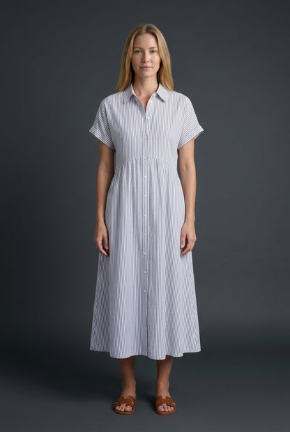 Elegant Cotton Maxi Dress for Women, Short-Sleeve Shirt Collar Button-Front Fitted Waist, for Summer, Vacation, Brunch &