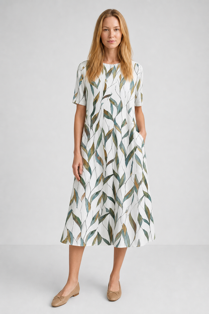 Kaia | Women's Cotton Floral Round-Neck Pocket Midi Dress
