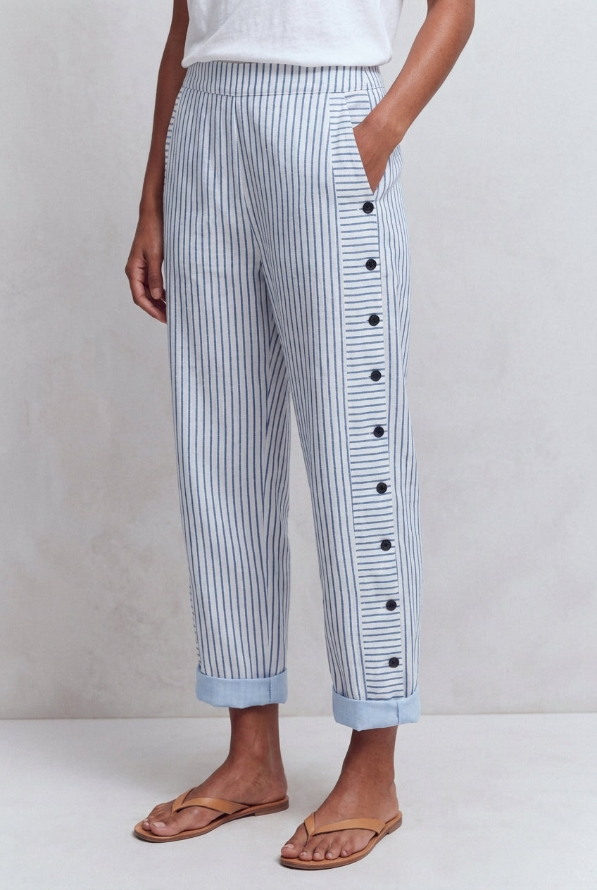 Women's Blue Striped Side-Fasten Trousers with Pockets