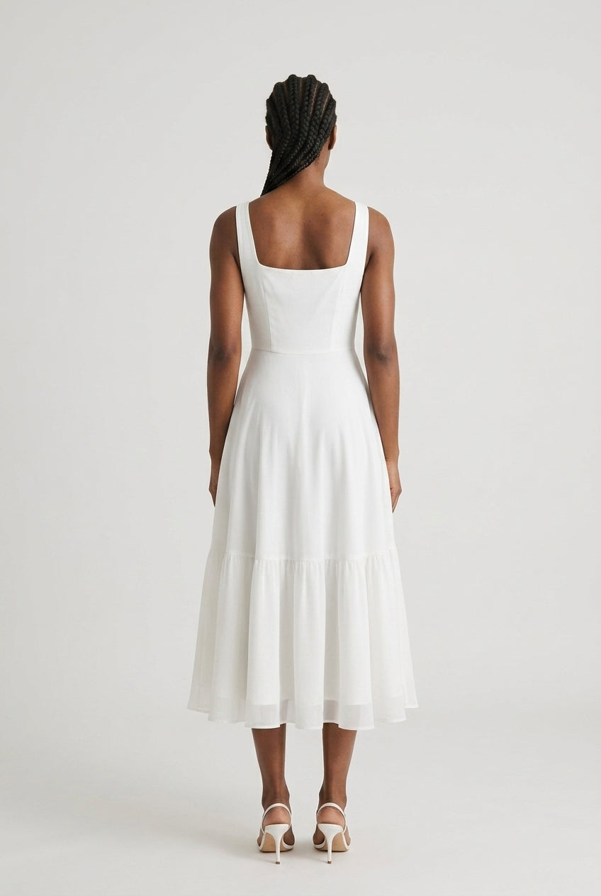 Elegant Sleeveless Square Midi Dress for Women, Tailored Bodice Flowing Skirt, for Weddings, Formal Events, Brunch & Spe
