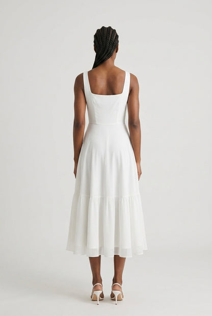 Elegant Sleeveless Square Midi Dress for Women, Tailored Bodice Flowing Skirt, for Weddings, Formal Events, Brunch & Spe