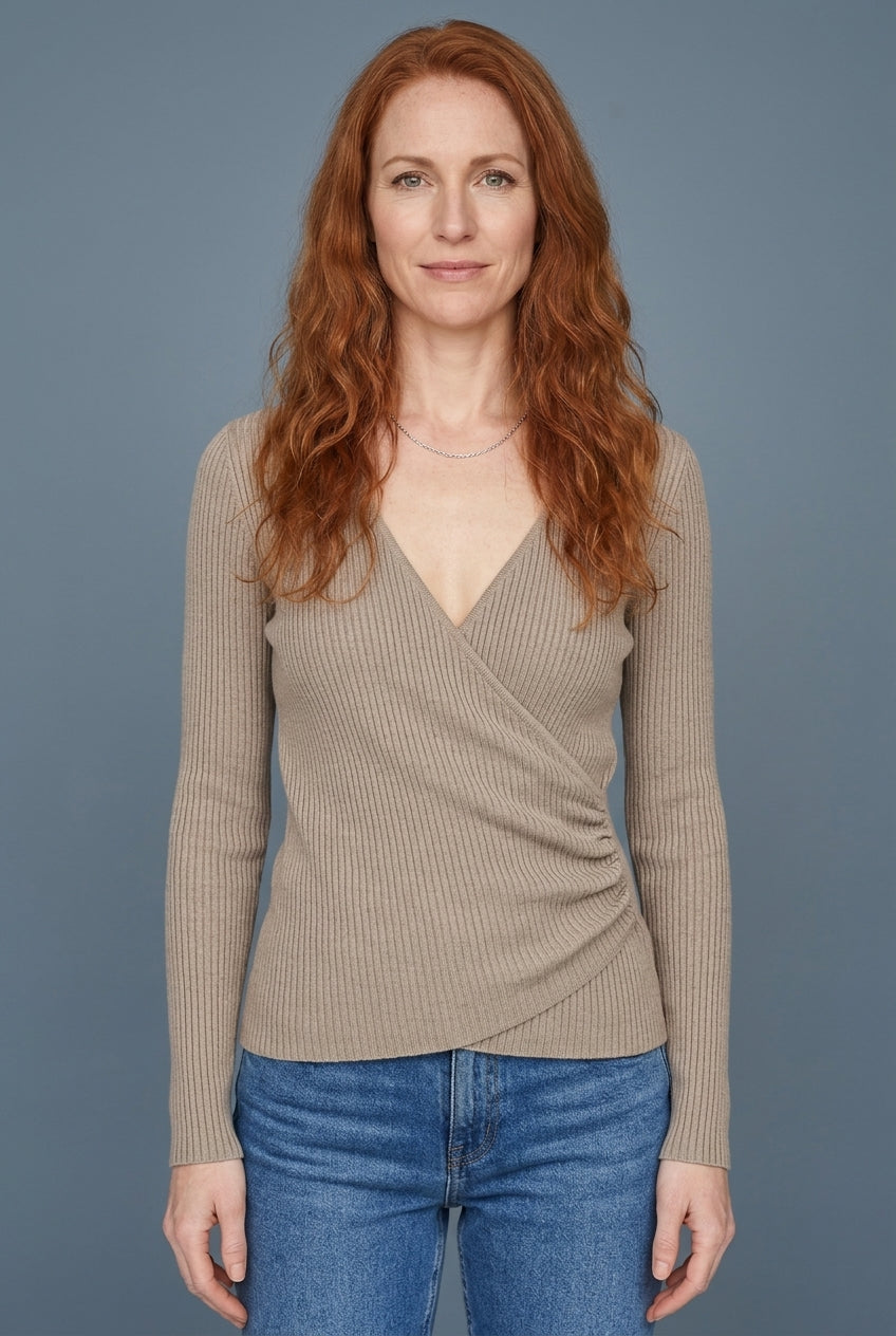 Flattering Wrap Sweater for Women, V-Neck Long Sleeve Draped Crossover Front, for Office, Brunch, Layering & Everyday We