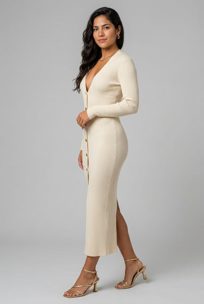 Mia | Deep V-Neck Knit Midi Dress