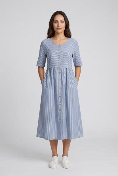 Ilka | Women's Cotton Striped Button Detail Midi Dress