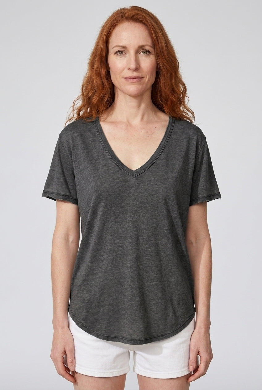 Relaxed V-Neck Short Sleeve Tee for Women, Rayon Polyester Breathable Plain, for Summer, Casual & Everyday Wear