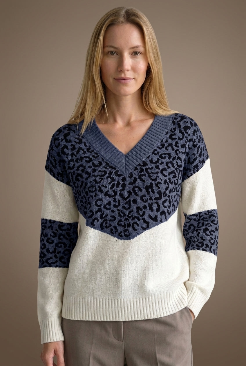 Elegant Leopard Print V-Neck Sweater for Women, Soft Knit Long-Sleeve, for Work, Casual & Evening Wear