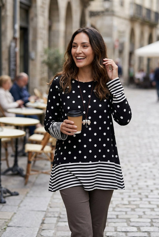 Playful Polka Dot Stripe Tunic T-Shirt for Women, Long-Sleeve Crew Neck Cotton Polyester Blend, for Summer, Casual & Eve