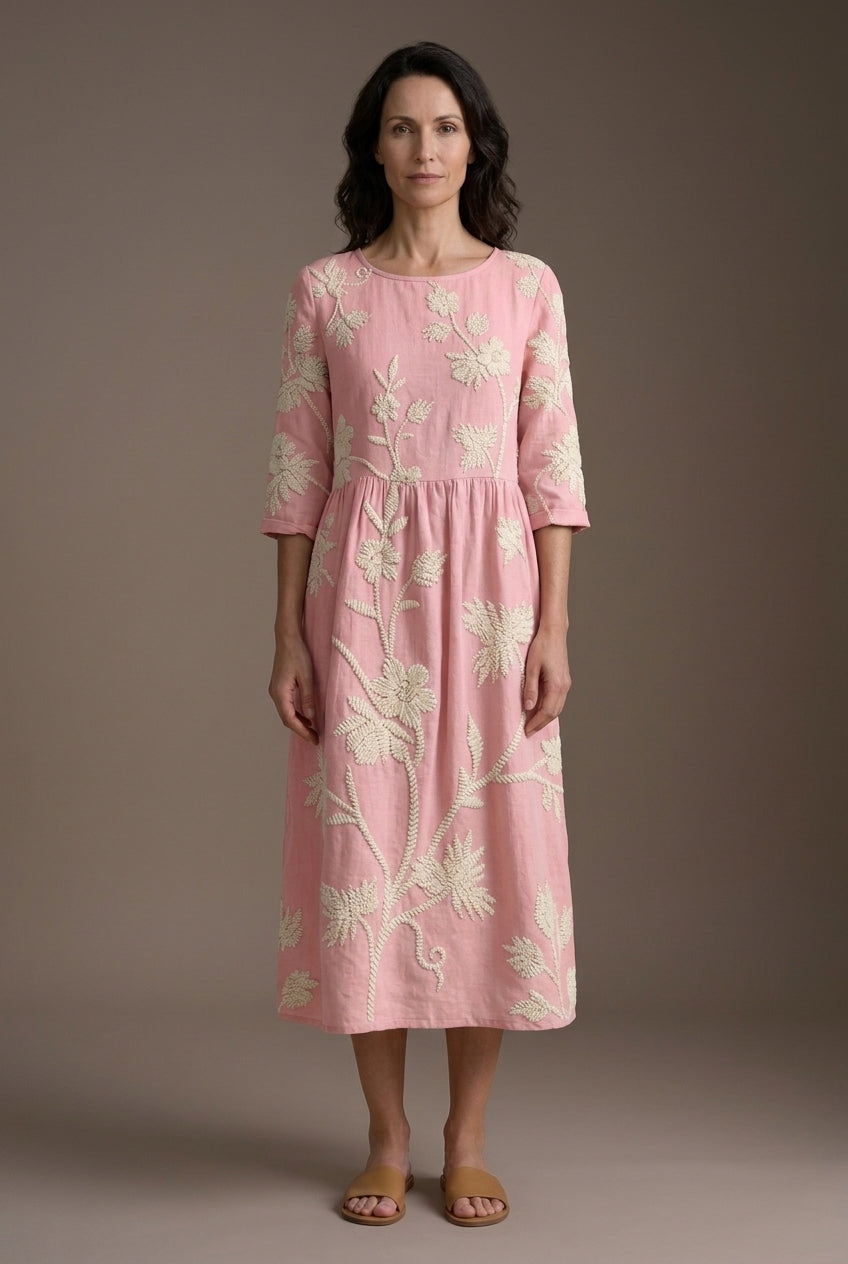 Elegant Floral Midi Dress for Women, Round Neck Linen-Cotton Blend with Embroidered Details, for Summer, Garden Events &