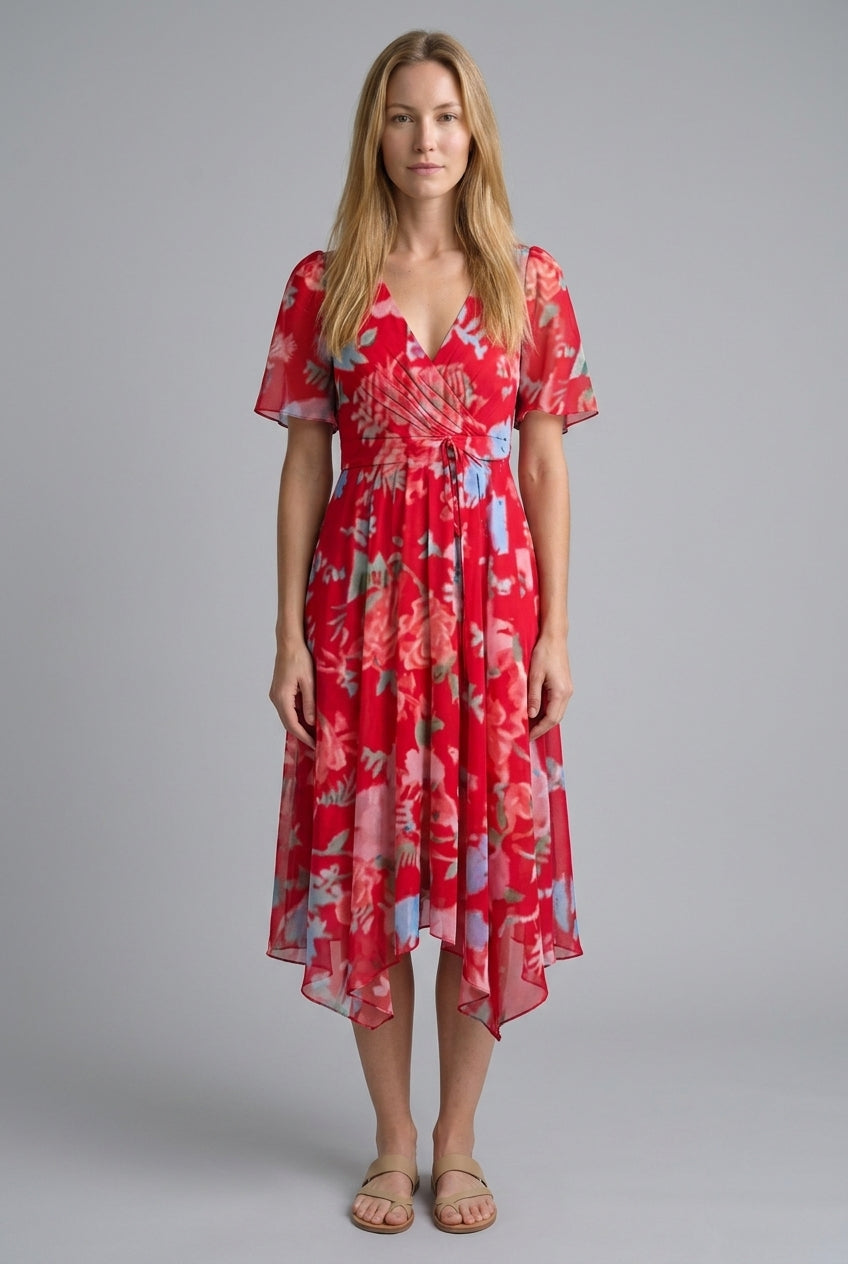 Elegant Printed Dress for Women, Short Sleeve V-Neck Asymmetrical Hem Lightweight, for Weddings, Vacations & Everyday We
