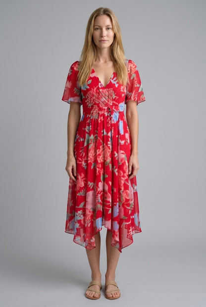 Elegant Printed Dress for Women, Short Sleeve V-Neck Asymmetrical Hem Lightweight, for Weddings, Vacations & Everyday We