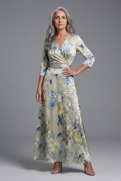 Elegant Maxi Dress for Women, Mid-Sleeve Floral A-Line with Flowing Silhouette, for Weddings, Dinners, Work & Everyday W