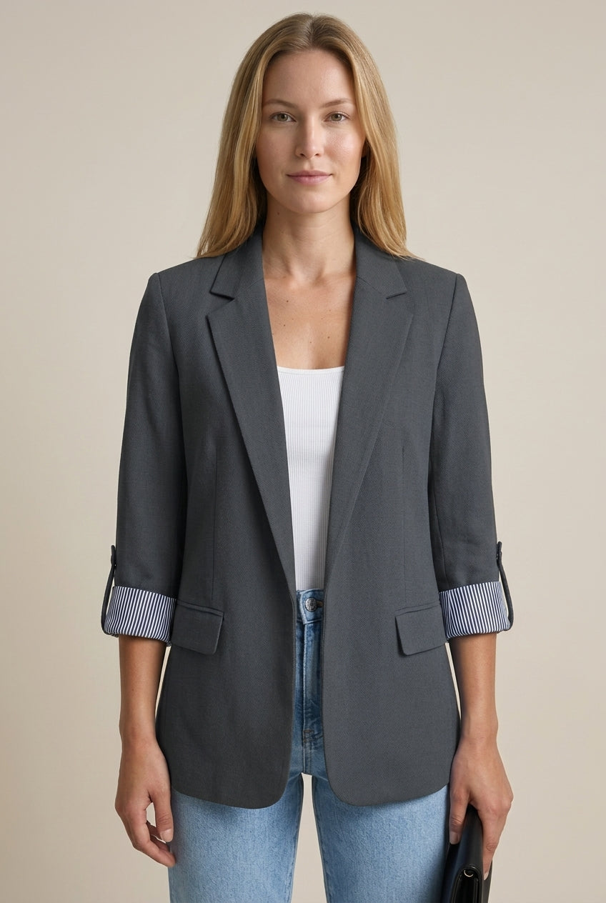 Enid | Women's Open Front Notch Lapel Striped Cuff Blazer Jacket