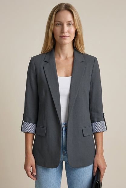 Enid | Women's Open Front Notch Lapel Striped Cuff Blazer Jacket
