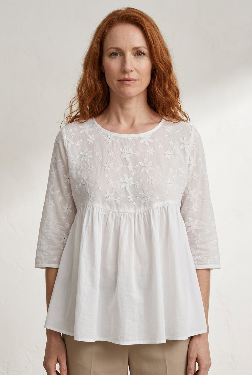 Floral Embroidered Patchwork Blouse for Women, Cotton Relaxed Crew-Neck 3/4 Sleeve Ethnic Print, for Casual, Office, Eve