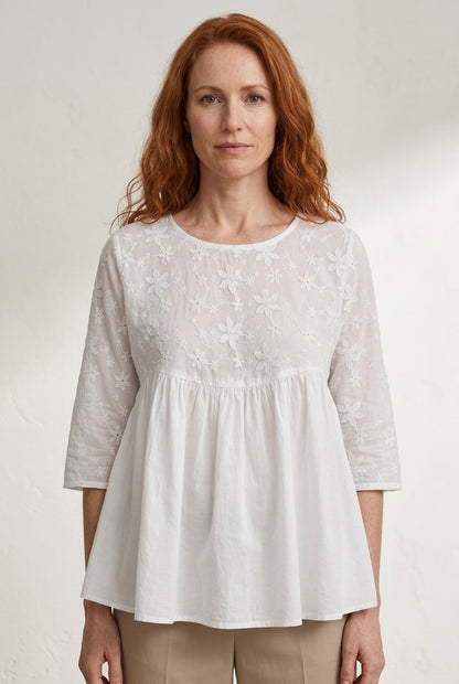 Floral Embroidered Patchwork Blouse for Women, Cotton Relaxed Crew-Neck 3/4 Sleeve Ethnic Print, for Casual, Office, Eve