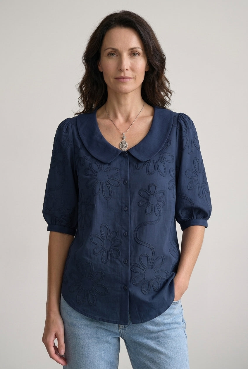 Embroidered Floral Blouse for Women, Cotton Blend Short-Sleeve Round Neckline Button-Down, for Work, Casual, Everyday & 