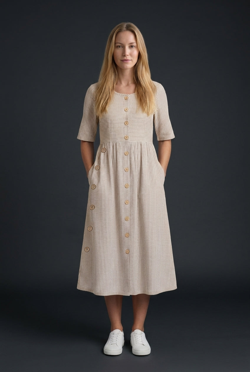 Ilka | Women's Cotton Striped Button Detail Midi Dress