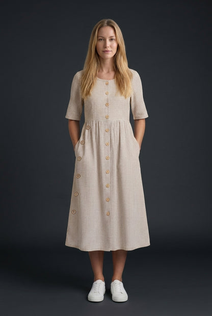 Ilka | Women's Cotton Striped Button Detail Midi Dress
