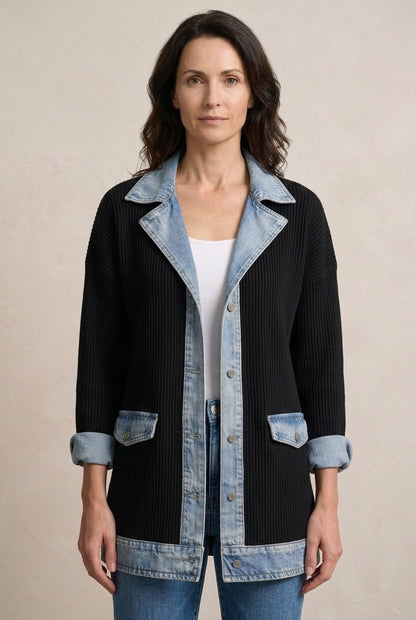 Elegant Layered Collar Button Jacket for Women, Soft Knit Denim-Inspired Mixed Texture Open-Front, for Work, Casual, Eve