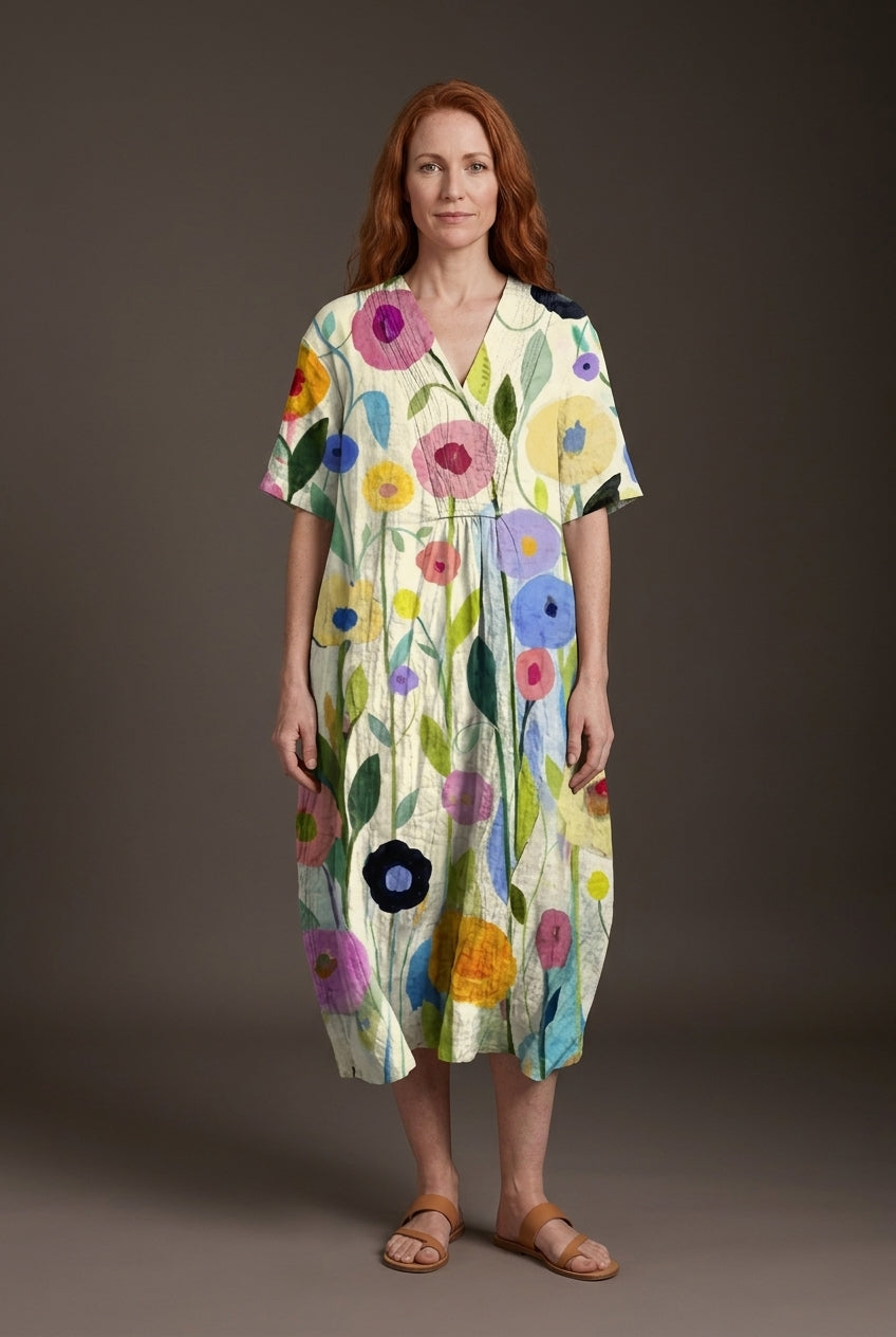 Vibrant Multicolour V-Neck Dress for Women, Lightweight Cotton-Linen Blend, for Summer, Casual & Party Wear