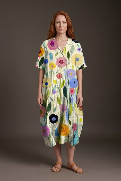 Vibrant Multicolour V-Neck Dress for Women, Lightweight Cotton-Linen Blend, for Summer, Casual & Party Wear