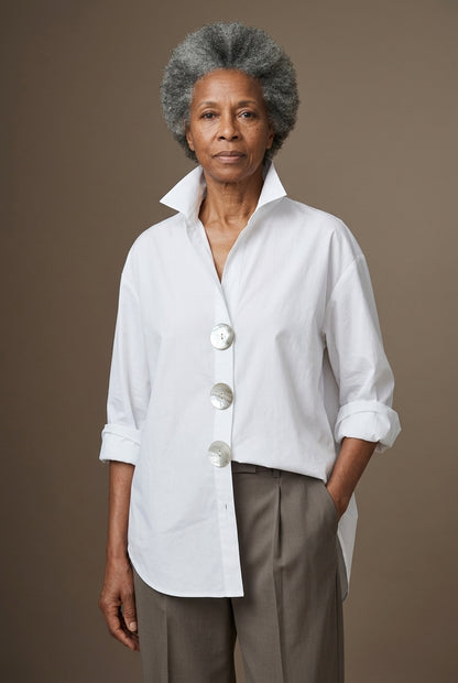Stylish Big Button Collar Blouse for Women, Stand Collar Relaxed Fit Roll-Back Sleeves, for Work, Office, Casual & Every