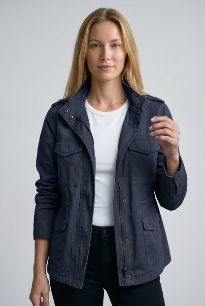 Rosa | Women's Khaki Zip Front Utility Jacket with Pockets Long Sleeve Relaxed Fit