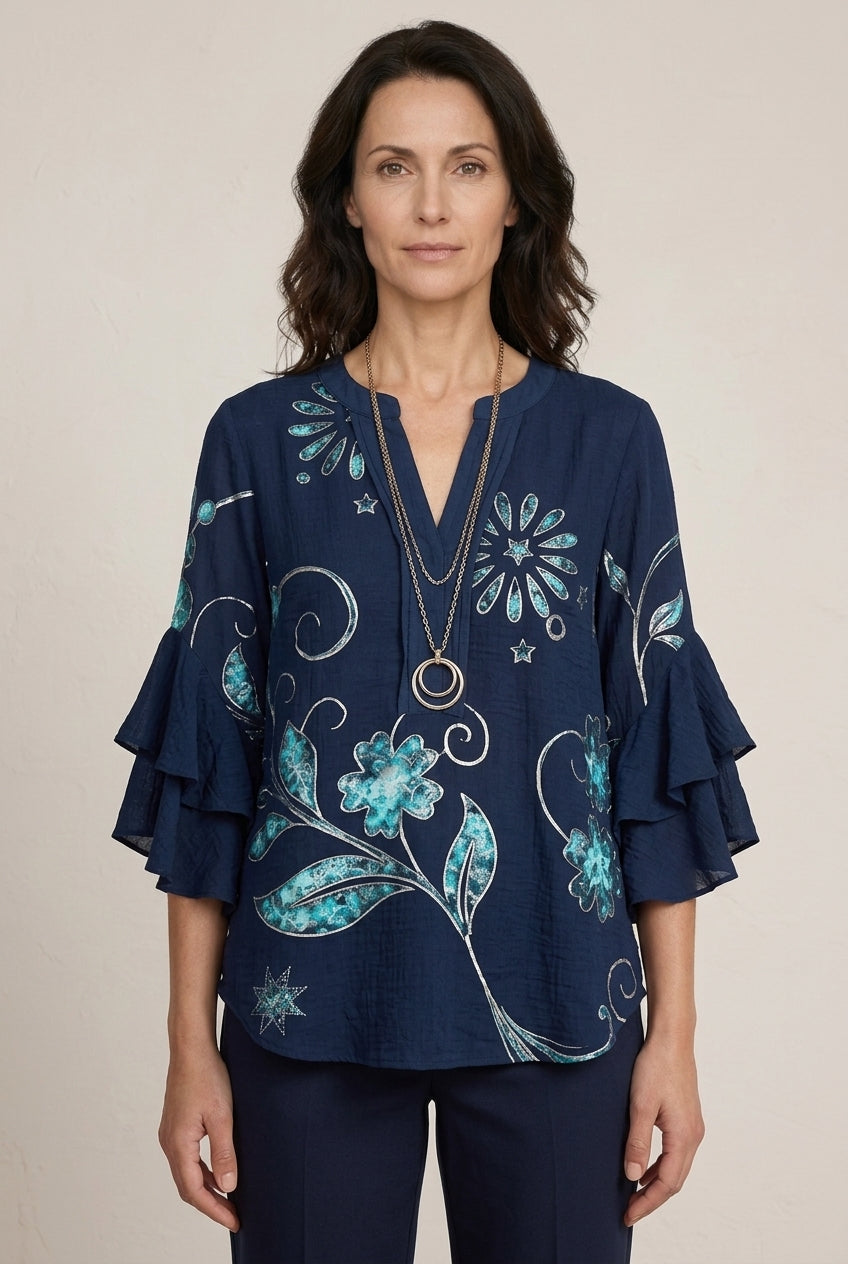 Elegant Ruffle Sleeve Blouse for Women, Floral Print Lightweight Relaxed Fit, for Work, Brunch, Casual & Everyday Wear