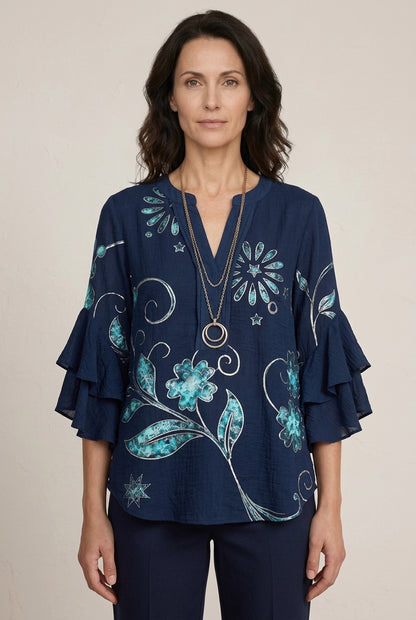 Elegant Ruffle Sleeve Blouse for Women, Floral Print Lightweight Relaxed Fit, for Work, Brunch, Casual & Everyday Wear