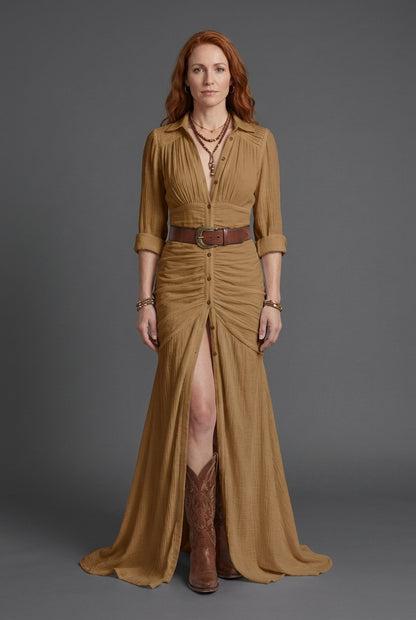 Elegant Long Belted Dress for Women, Pleated Lapels Tailored Flowing Silhouette, for Work, Evening, Brunch & Everyday We