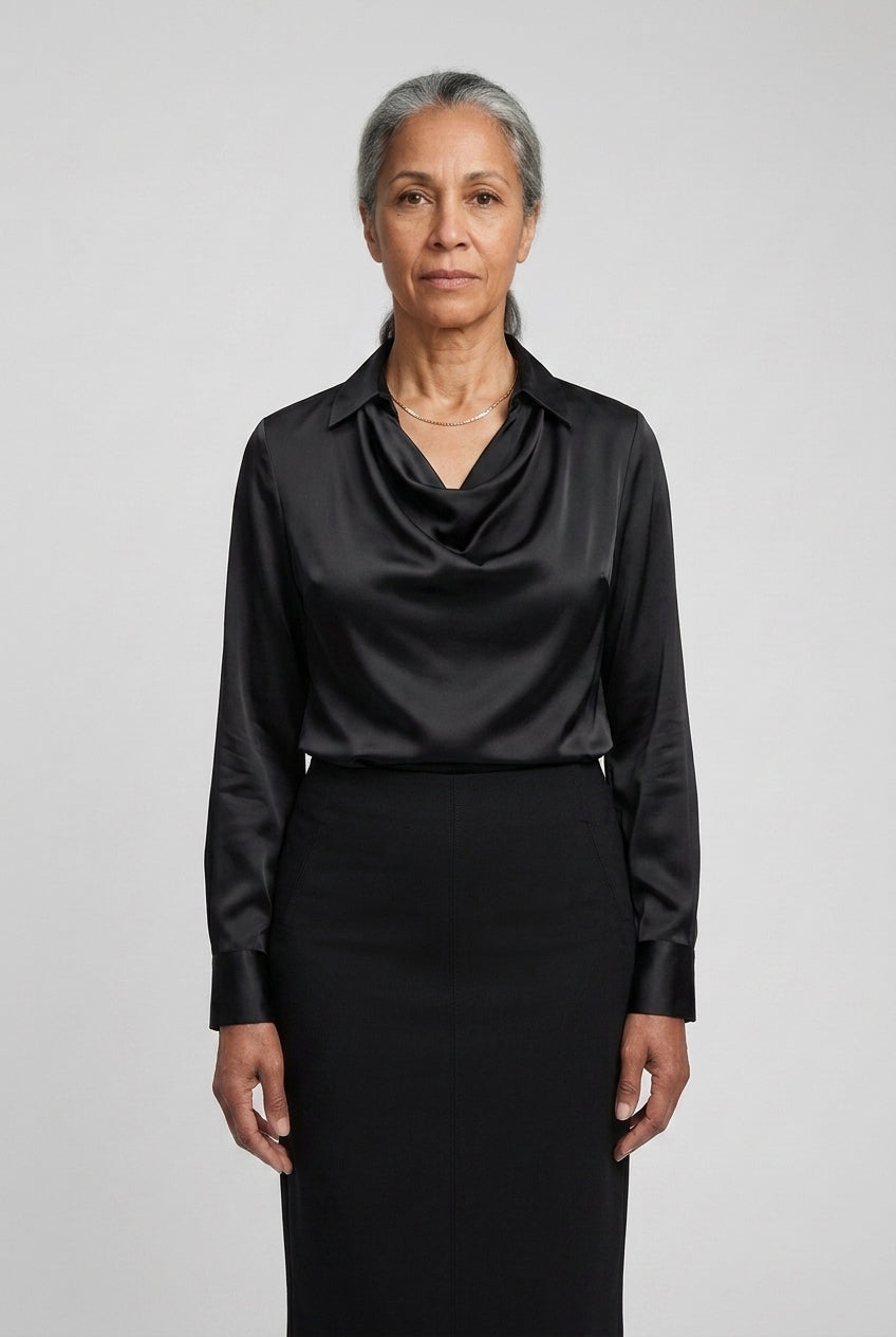 Elegant Satin Blouse for Women, Soft Drape Neckline Feminine Cut, for Work, Dinner, Evening & Everyday Wear
