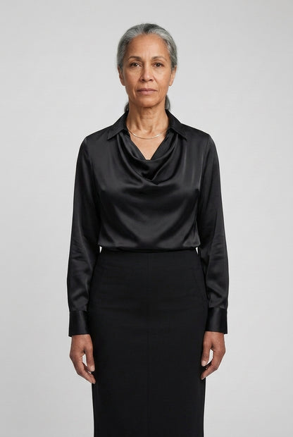 Elegant Satin Blouse for Women, Soft Drape Neckline Feminine Cut, for Work, Dinner, Evening & Everyday Wear