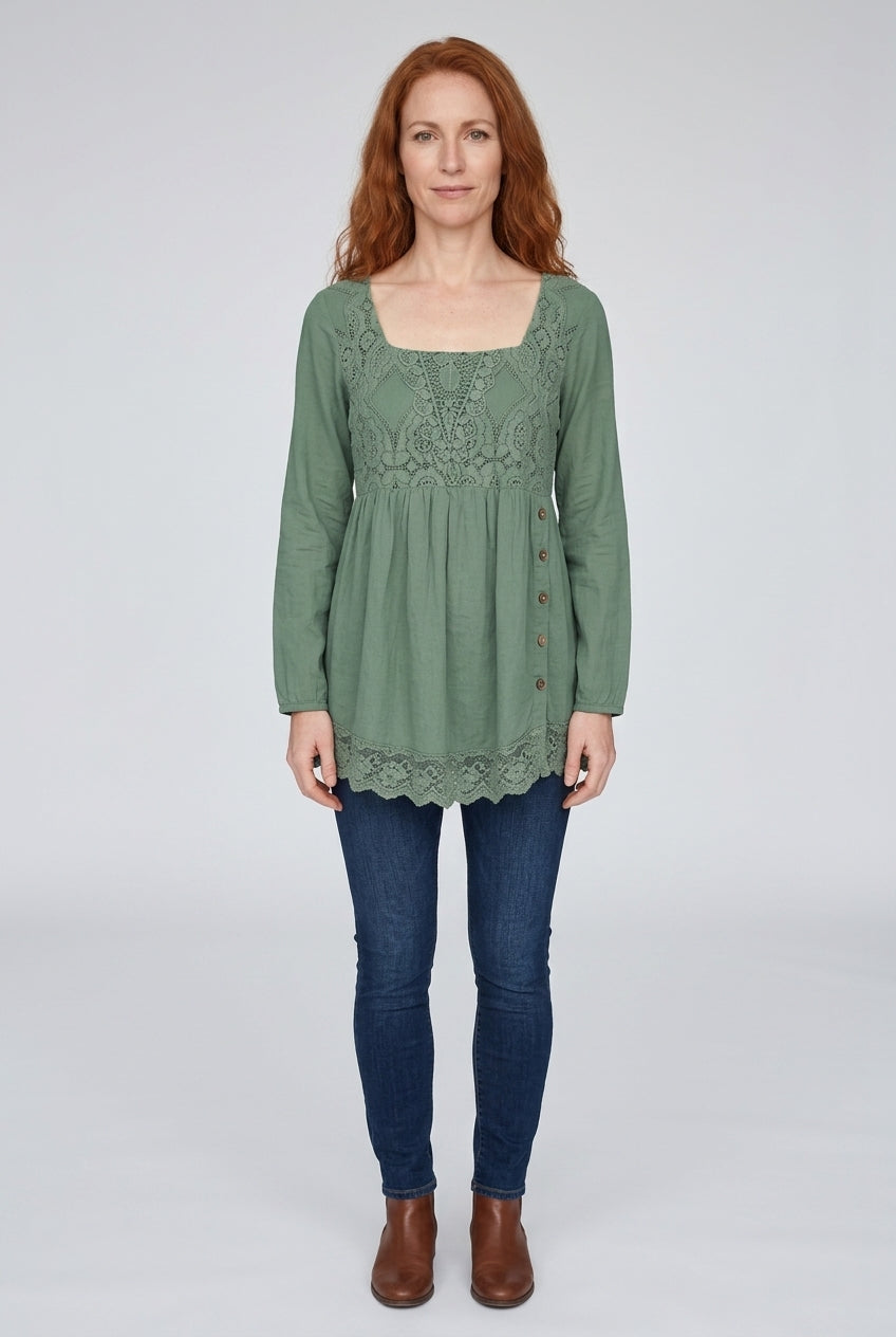 Lace Patchwork Square Neck Tunic Top with Side Buttons for Women