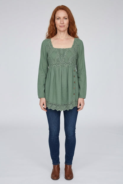 Lace Patchwork Square Neck Tunic Top with Side Buttons for Women
