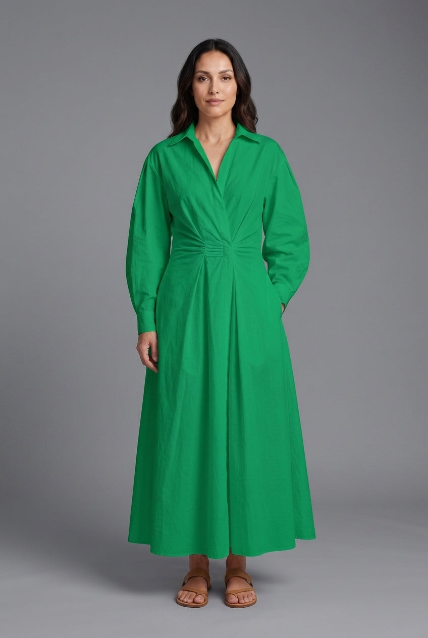 Elegant Front Wrap Collared Maxi Dress for Women, Flowing Long-Sleeve Sophisticated, for Work, Evening, Wedding Guest & 