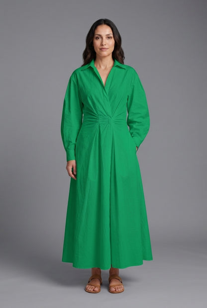 Elegant Front Wrap Collared Maxi Dress for Women, Flowing Long-Sleeve Sophisticated, for Work, Evening, Wedding Guest & 