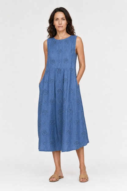 Lena | Women's Cotton Embroidered Sleeveless Midi Dress